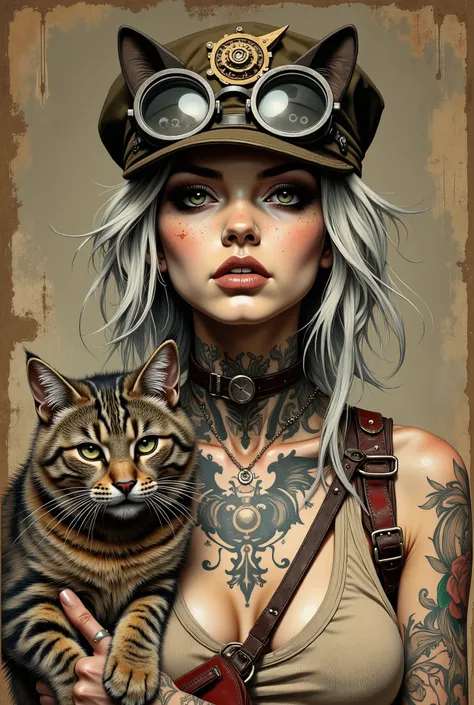 A girl with ash-white hair, aged 20-30 years, of European appearance, with expressive features and noticeable freckles. She wears a stylized military-colored cap with cat ears. Large steampunk glasses are worn over the cap. Incredibly beautiful almond-shap...