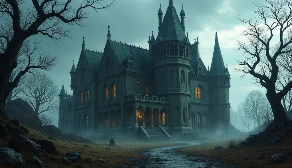 A Gothic-inspired mansion with dark stone walls, towering spires, and a mysterious, moody ambiance