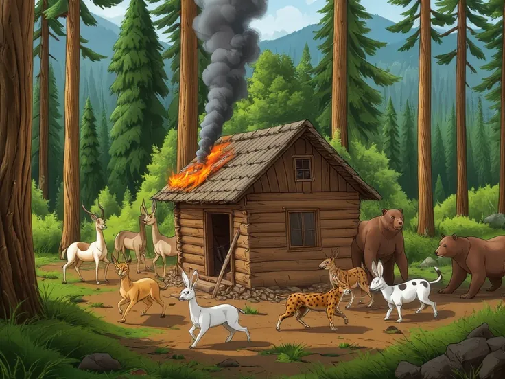 Cartoon of a burning hut in the middle of the forest, the fire is consuming it, some animals like gazelles, rabbits, bears and leopards are close to the hut and putting out the fire