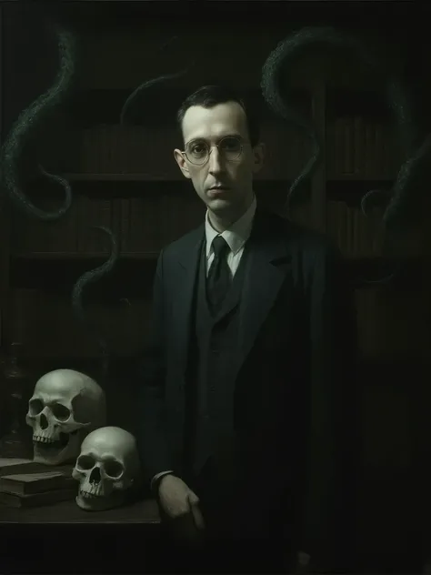 H.P. Lovecraft, portrait, vintage black round framed glasses, tentacles coming out of the bookcase, skull, library study background, bokeh, dark surrealism, high detail, masterpiece.