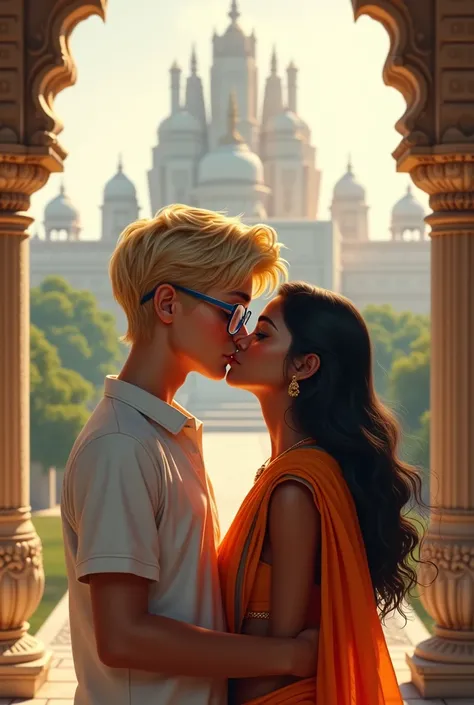 Create a picture of a blond boy,  blue eyes ,  light-skinned with transparent glasses kissing a typical Indian girl.  as a background create one of the temples of India 

