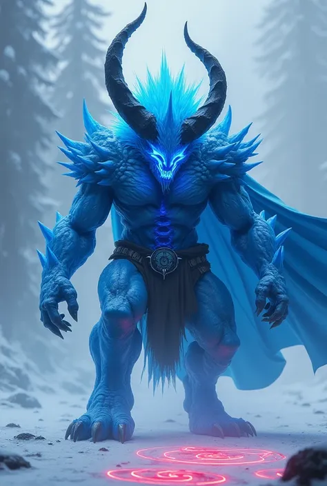 Create final fantasy style & Yu-Gi-Oh a giant beast-hybrid demon with light blue spiky hair translucent with dark blue runes translucent through the body with huge black horns with sharp claws and large with a blue cape in a freezing battle site with red r...