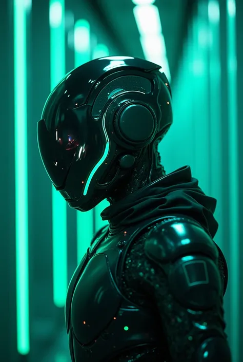 Hyper realistic 16k resolution  real engine stye portrait image of a cyber punk character with full futuristic mask and futuristic all suit with futuristic weapon and it should be in cyber punk futuristic room like sky Blue furureistic suit and green futur...