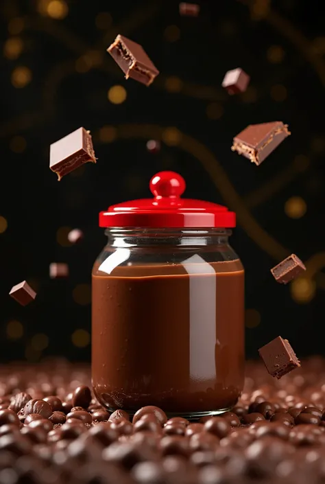 A transparent glass chocolate jar with a red parliament lid that looks like a Nutella jar. On both sides, pieces of chocolate are flying in the air. The background is black and gold marble and the floor is a sea of ​​chocolate.