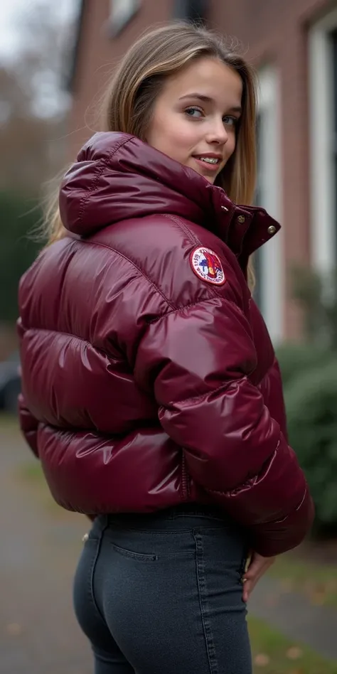 Backside diagonally photo from side behind of a sweaty hot wet cute beautiful darkblonde furtuned dutch spanish italia young posing age femboy wearing burgundy canada-goose extreme shiny pvc latex rubbery puffy cropped short puffer jacket, very short shiny...