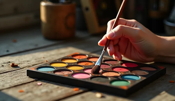 A girl's hand holding a makeup brush dipping into a makeup palette, palette on a vintages woody table, ultra close-up, cinematic lighting, 