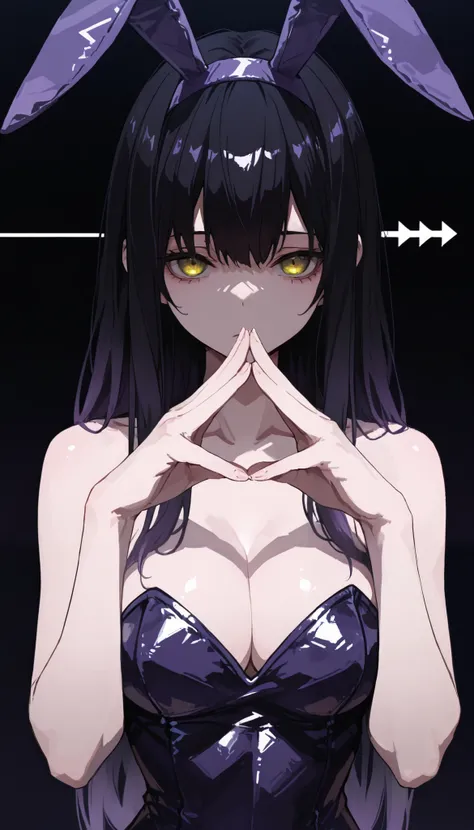 top quality , masterpiece, 748cm style , 1 girl, , viewers, , gradient hair, black hair, long hair, yellow eyes , dark purple bunny girl, bunny headband, bare shoulders, cleavage, shoulder, looking at viewer, dark background, perfect waist, standing, eyele...