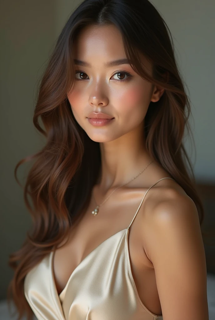 

**Prompt:**  
*" A young woman with symmetrical features and realistic appearance ,  Smooth and illuminated skin , expressive and deep eyes ,  long, slightly wavy hair.  She Wear an elegant silk dress in neutral tones .  The lighting is soft and natural,...