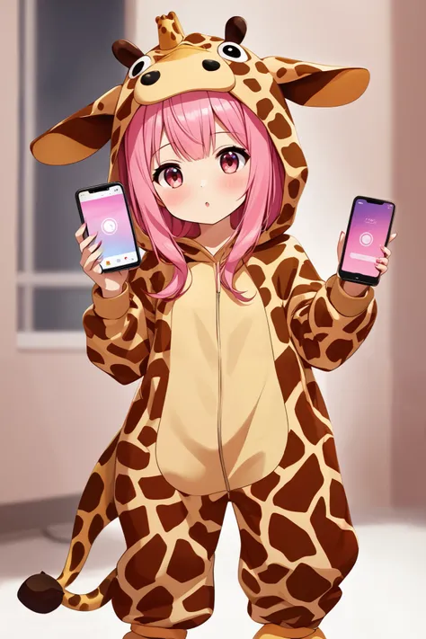 Long pink hair, wearing girrafe costume, girl, bring charger and handphone in hand, 