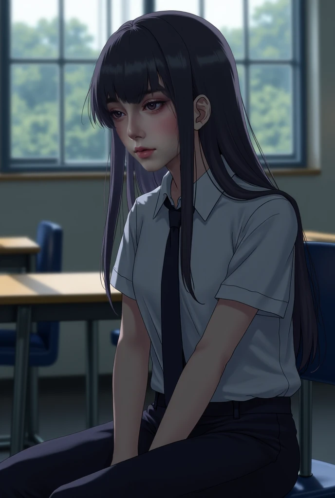 Wearing school clothes sits on school long hair bangs