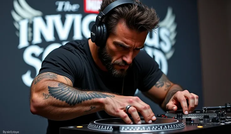 Wolverine with headphones and a turntable, add text logo background “Invictus Sounds”, and tattoo cu o aripa de
Vultur si scris la
Bagaza incheieturii “INViCTUS”, on the right arms