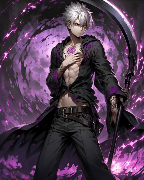 Anime, high detailed, 1 guy, 18 years old guy, mid long white hair, low spiked hair, possessed by evil energy, black dead eyes, spiritual symbols on his arms, serious, Wearing opened robe (Exposing his chest and abdomen), belt, long pants, boots, caring a ...