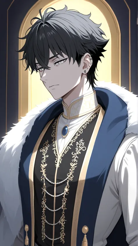 Male, Appearance: Tall and regal, with sharp features that reflect his cold and calculated nature. His short black hair is neatly combed, and his piercing grey eyes show both determination and skepticism. His royal attire is elegant, with dark colors that ...