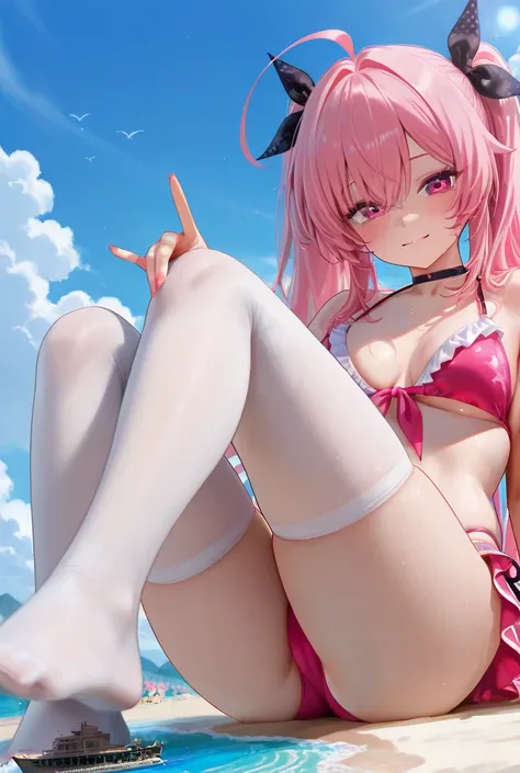 A giantess wears no shoes and wears a swimsuit all over the beach