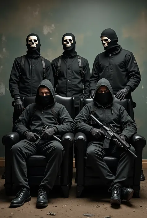 Image of 4 male friends wearing black military clothes, With skull balaclavas on their faces, com o tema de call of duty, in a post-war environment.
Two of them sitting on thrones, The other two standing holding shotguns in their hands 