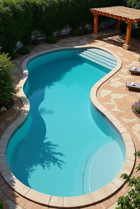 I want to create a pool that is 13 m long and 4 m wide. The shape of the pool is a peanut shape with a walkway that crosses it in the middle and at the bottom, a small garden with a pergola and a place to sit.