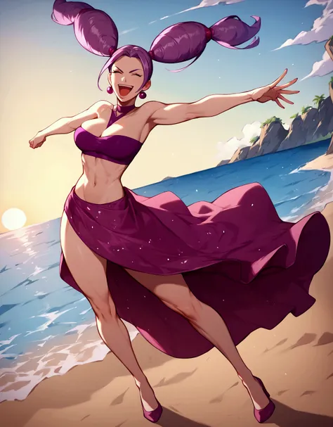 score_9, score_8_up, score_7_up, 1 girl,solo,Fantina,Tall, long legs ,Purple Hair,(Hair in four ponytails,) white skin,purple bikini,paleo,beach,Big Breasts,high heels,thighs visible, dynamic pose,smirking ,laughing ,open mouth,whole body,