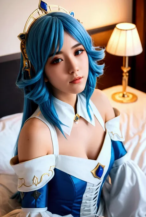 a close up of a person with blue hair sitting on a bed, anime girl cosplay, anime cosplay, azure. detailed hair, portrait knights of zodiac girl, inspired by Leng Mei, keqing from genshin impact, anime styled 3d, realistic anime 3 d style, realistic young ...