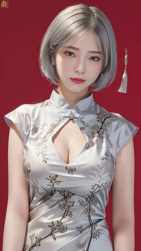  Woman 1,     HD  ,  Masterpiece,    top quality ,    short hair,    medium boobs,   On a Chinese dress，   Silver Hair，     Mole Under Eye ，Nose tape is fine