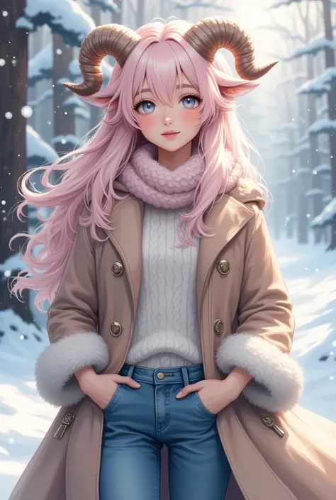 winter,snow, beautiful scene,Alone,a girl\(big eyes,sparkling eyes,details of eyes,thick eyebrows,long fluffy hair,soft pink hair,elegant hair,little sheep horns attached on her head,light brown sheep horns,gentle smile),details of clothes\(light brown coa...