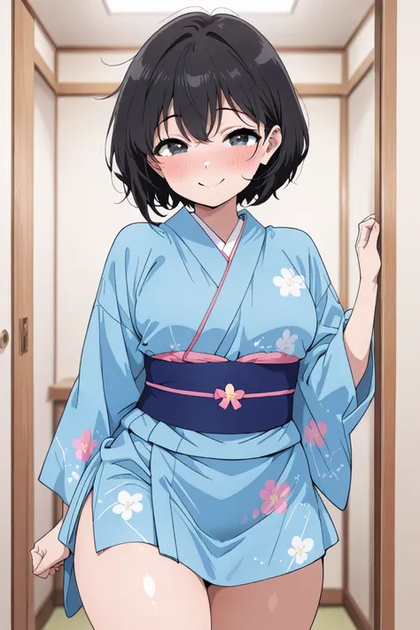 super cute girl, tradicional maiko, super cute, shy smile, short black hair, hazel eyes, blue kimono, huge thighs