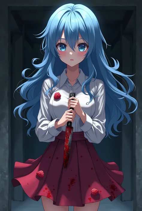  Beautiful anime girl with blue wavy long hair,  blue eyes ,shirt and skirt covered with raspen, , holding a bloody knife ,  in front of the basement