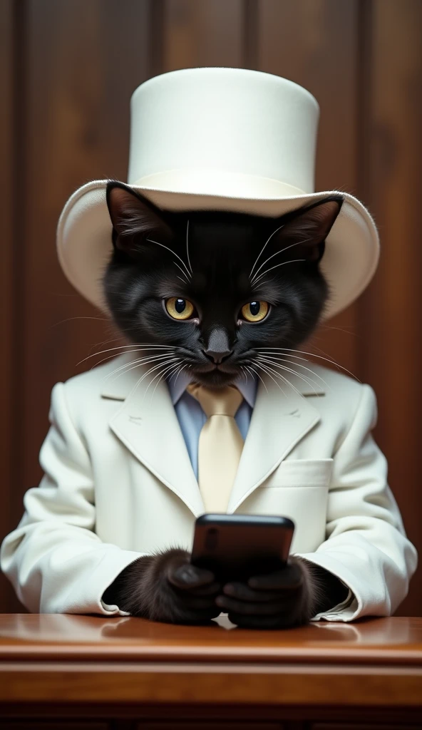 a very sad black kitten wearing a white suit with tie, with a big white hat on his head, looking thoughtfully at a smartphone in his hand the kitten's hard work in difficult conditions, creating a touching and melancholy scene in a church pulpit setting
