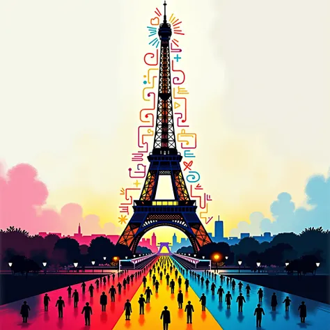 Keith Haring colorful style, impressionism, e Hassam, Ramon Casas, John Atknson Grimshaw, Yuriy Shevchuk, eiffle tower