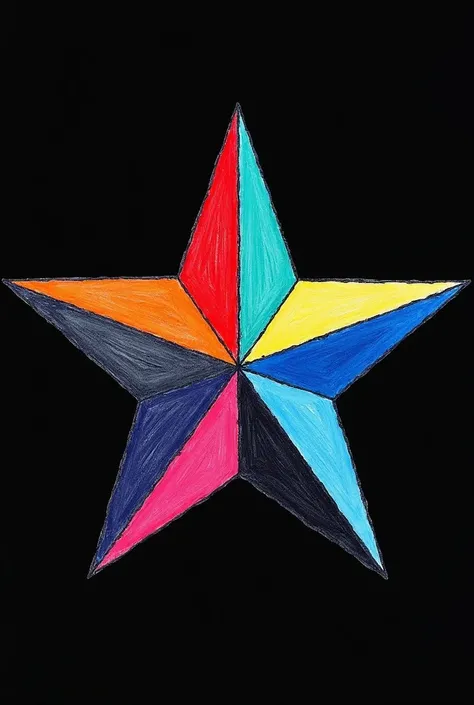 Please draw one star that has all sides of navy, silver, red, sky blue, black, turquoise, pink, blue, green, and purple so that it can be distinguished by color. Please draw a black background. You have to draw only one star