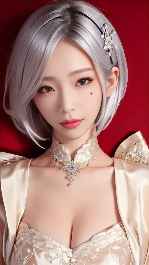  Woman 1,     HD  ,  Masterpiece,    top quality ,    short hair,    medium boobs,   On a Chinese dress，   Silver Hair，     Mole Under Eye ，Nose tape is fine