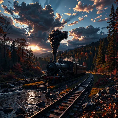 the forest late autumn Sunset-Lighting Abandoned narrow-gauge road, forgotten locomotive got stuck in a stream,a high-detailed abandoned narrow-gauge railway, overgrown with autumn vegetation, sunset lighting, forgotten locomotive stuck in a stream, lush f...