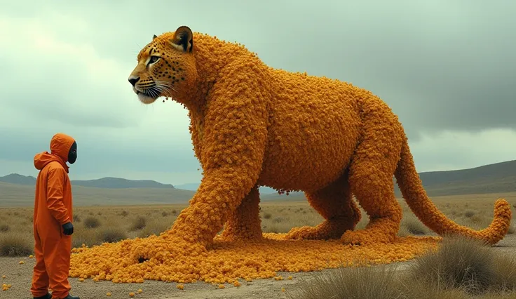 
A surreal scene showcases a massive leopard, its body covered in a  honey bees, resembling a playful mountain of food. In the foreground, a figure dressed in an orange protective suit and mask stands beside the leopard, gazing at it with curiosity. The la...