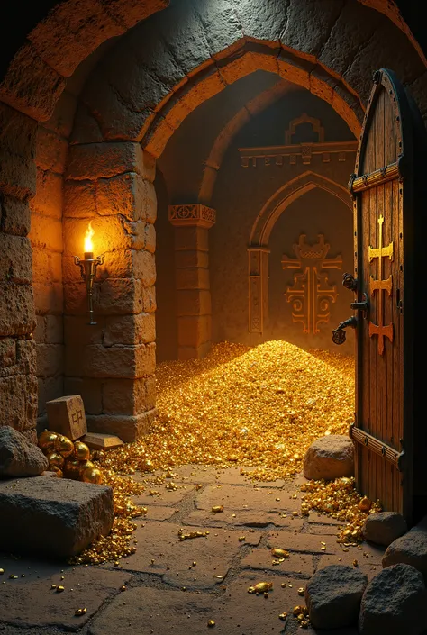 "A hidden underground vault filled with gold treasures and ancient relics, guarded by medieval Templar symbols, with torchlight illuminating the secret chamber."