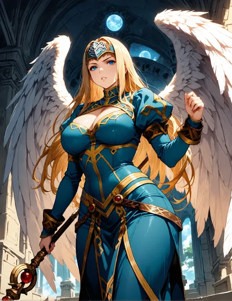 1woman, Ethereal Queen from Valkyrie Profile, Valkyrie Profile, large wings, temple in space, stern look,big large breasts, parted lips,serious, curvy body, holding her scepter, milf's hips, masterpiece, best quality, amazing quality, detailed background, ...