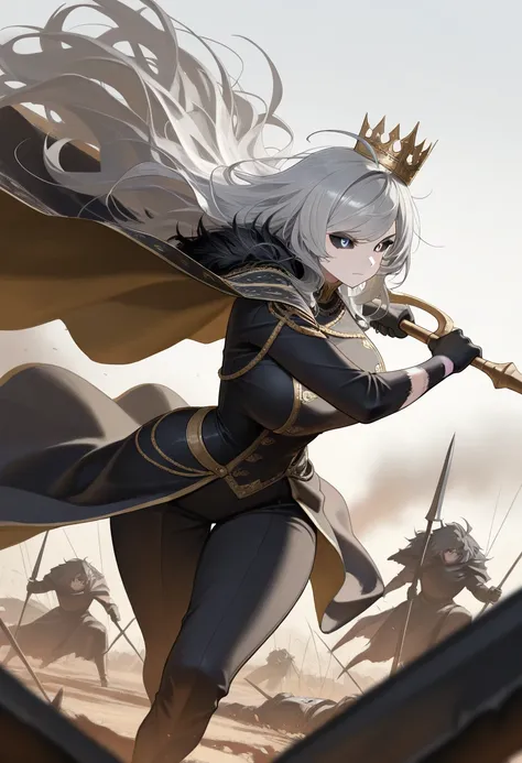 masterpiece, best quality, absurdres, hires, newest, 1girl, gray eyes, black sclera, gray hair, extra long hair, ahoge, swept bangs, messy hair, large breast, wide hips, outdoors, battlefield, royal gown, gold stitches, black fur cloak, crown, holding weap...