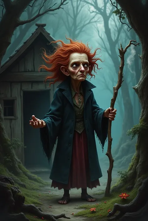 Generate an old red witch of low height