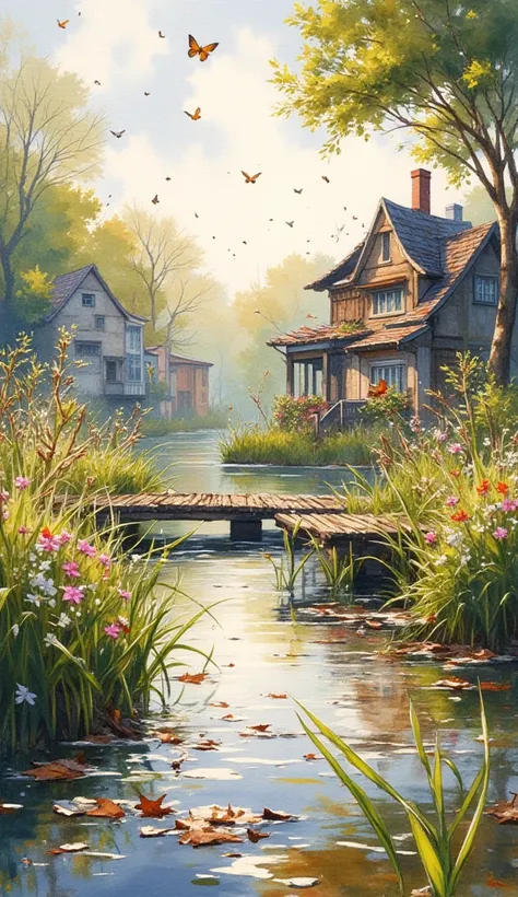 Create watercolour splash art style. A village atmosphere. The wooden jetty in front of it has a small river. On its banks are filled with beautiful grass and flowers. Small butterflies fly. And green trees. You can see dry leaves being swept away by the w...