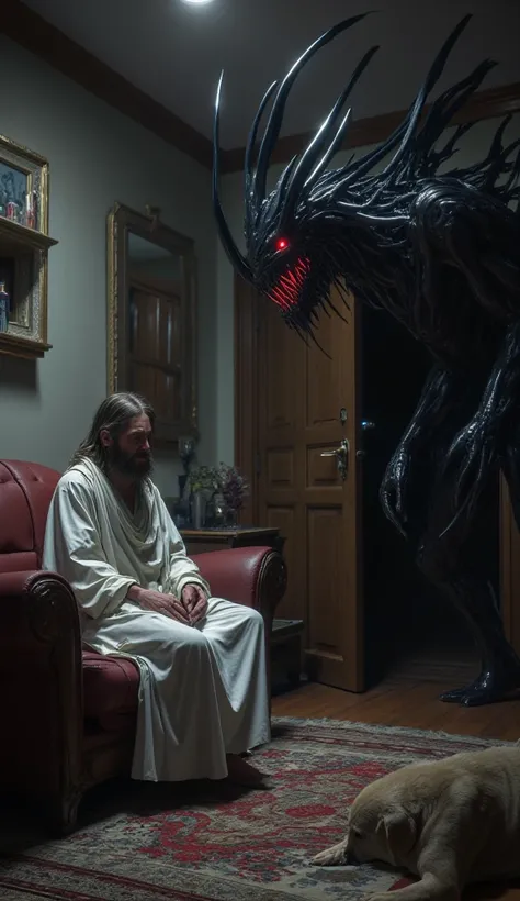 An image of the inside of the house, Jesus is sitting on the couch and there is dog on the floor. There is a black monster with horns and red eyes at the door.