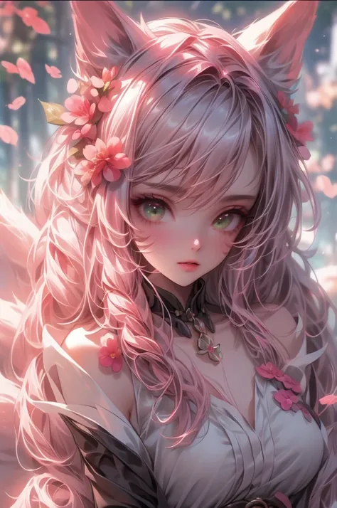   She's a girl with green eyes shaped like flowers,   She has long curly hair tied in pigtails  ,   her hair is gray with black highlights   .    The girl with thin sleeves    ,   on the tip of her dress   /It's a crossroads of life where 々 is made from fl...