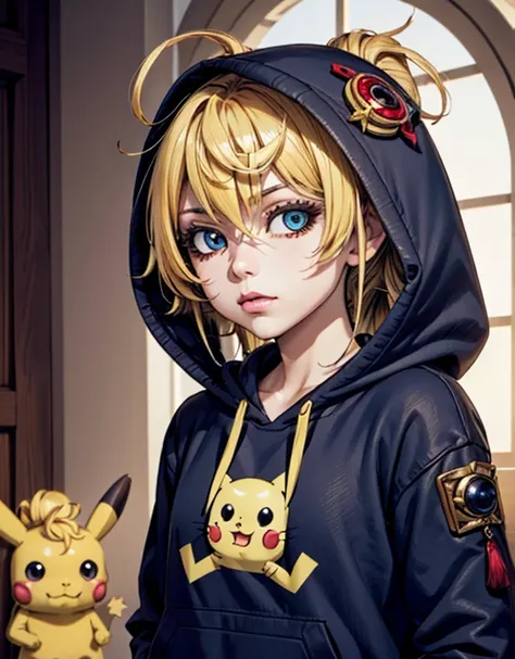 mavuika (genshin impact), 1girl, Tanya degurechaff, pikachucosplay, pikachu \(pikachu\), character print, hood, hoodie, yellow hoodie, soft lines, soft, detailed, smooth quality 