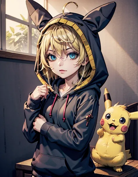 mavuika (genshin impact), 1girl, Tanya degurechaff, pikachucosplay, pikachu \(pikachu\), character print, hood, hoodie, yellow hoodie, soft lines, soft, detailed, smooth quality 