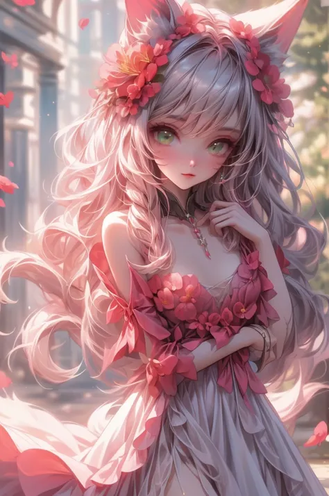   She's a girl with green eyes shaped like flowers, flat chest、   She has long curly hair tied in pigtails  ,   her hair is gray with black highlights   .    The girl with thin sleeves    ,   on the tip of her dress   /It's a crossroads of life where 々 is ...