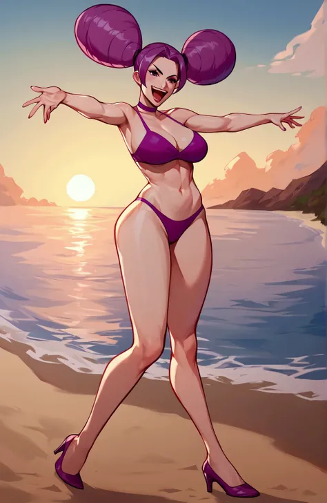 score_9, score_8_up, score_7_up, 1 girl,solo,Fantina,Tall, long legs ,Purple Hair,(Hair in four ponytails,) white skin,purple bikini,paleo,beach,Big Breasts,high heels,thighs visible,standing,smirking ,laughing ,open mouth,whole body,