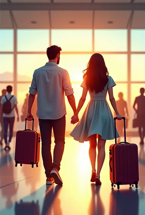 A young couple, holding hands, carrying luggage at an airport. she's in a dress. chubby woman.
They are boarding the plane.
