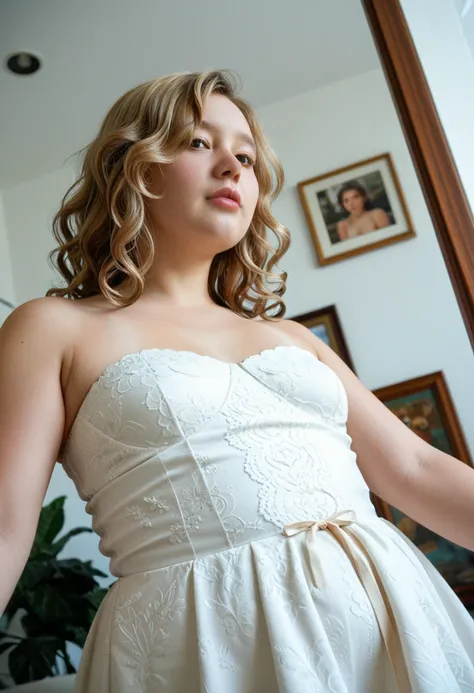  masterpiece,  top quality ,  photography , texture of photo paper,  film grain size.  Russian slightly chubby 28-year-old girl with small breasts.  Natural blonde ,  slightly wavy hair slightly below the shoulders.  Round face.  pale skin . without makeup...