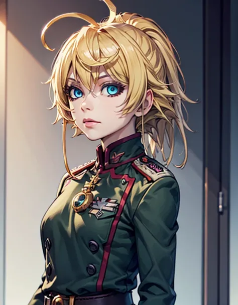 1girl, medium breasts, ratatat style, tanya degurechaff, blonde hair, blue eyes, uniform, military uniform, military, ahoge . 