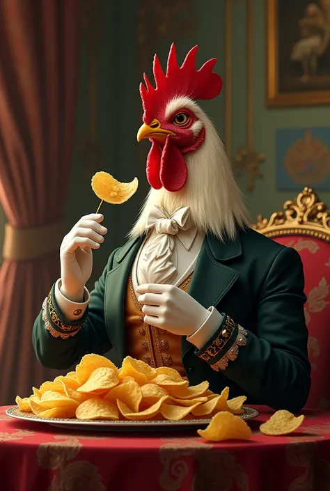 Poulet aristocrate qui mange des chips 