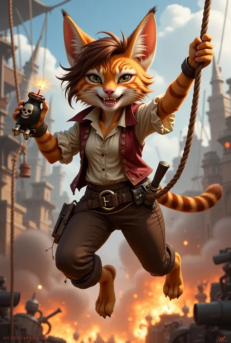 A highly detailed and realistic digital painting of a Tabaxi, an anthropomorphic feline character with soft, orange-and-white striped fur covering her body. Her large, pointed cat ears are perked up, and she has a playful, expressive snout with sharp teeth...