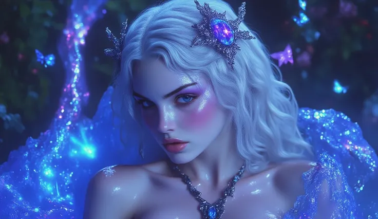  AN IMAGE OF A BEAUTIFUL WOMAN , of traits of , with long snow-white hair ,  blue eyes,  blushed cheeks ,  shiny skin,  white skin, old, Curves of Goddess, She wears a beautiful blue dress and a PENDANT with LIGHTNING PENDANT ,  shiny skin, Wreath of branc...