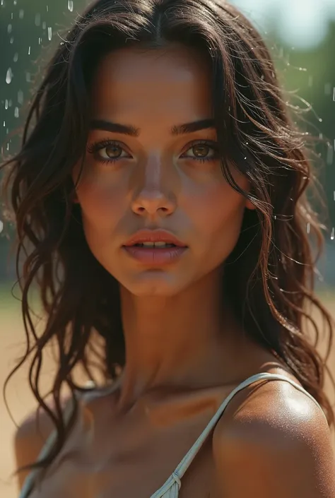   A 33-year-old brunette woman with wavy hair , brown eyes,  of light brown skin , wide hips, and a large bust .   Highly realistic skin details  , eyes, with her mouth,  with a round face shape ,  full lips,  and ultra-realistic skin details  ,  presentin...